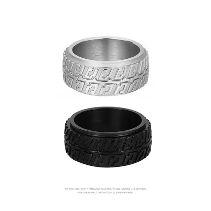 Two motorcycle tire ring tread options featuring a silver stainless steel ring and a black spinner ring.
