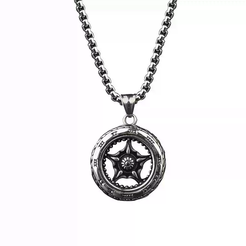 Front view of a silver motorcycle wheel pendant necklace with a five-spoke rim design and box chain.