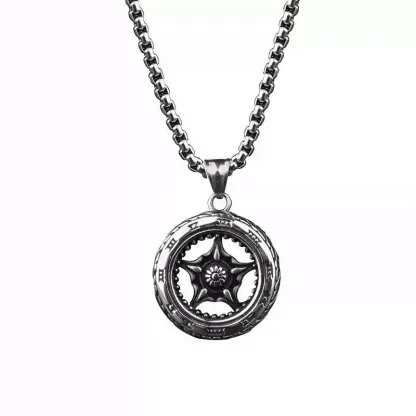 Front view of a silver motorcycle wheel pendant necklace with a five-spoke rim design and box chain.