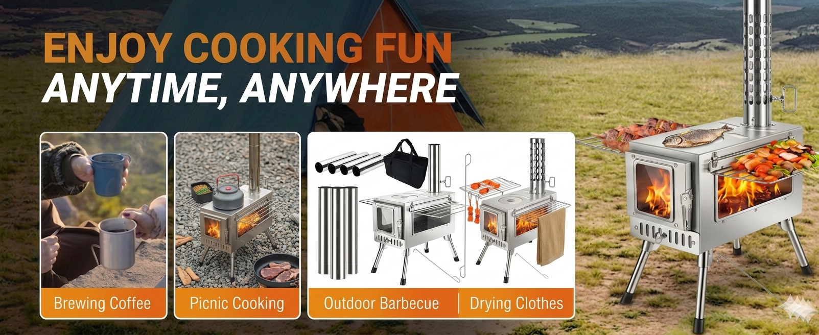 Multiple uses of camping stove including brewing coffee, picnic cooking, barbecue, and drying clothes.