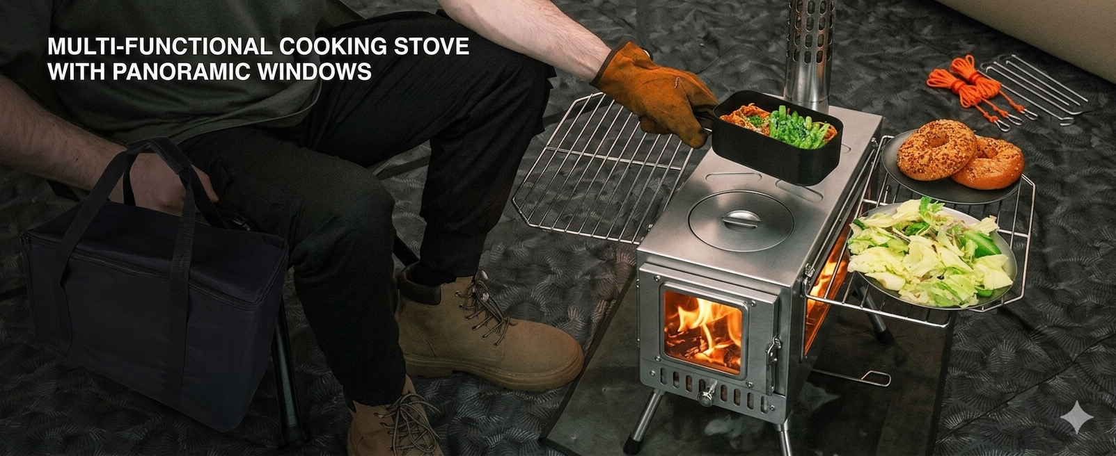 Multi-functional camping cooking stove featuring panoramic viewing windows and side shelves.