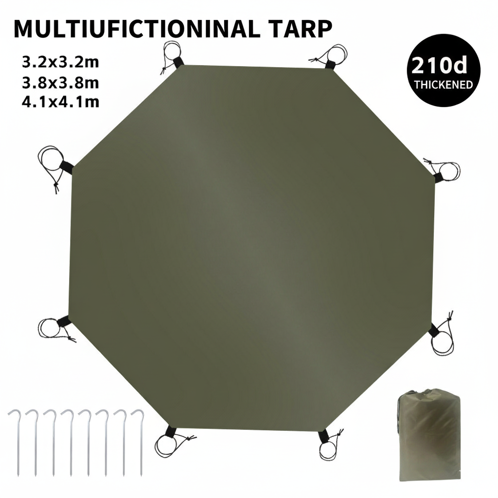 A green, octagonal multifunctional tarp made from 210D thickened fabric, showing available sizes (3.2x3.2m, 3.8x3.8m, 4.1x4.1m), packaged with tent stakes.