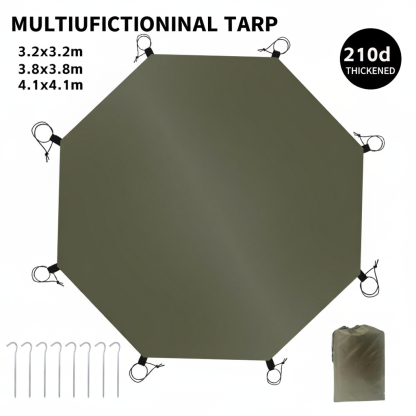 A green, octagonal multifunctional tarp made from 210D thickened fabric, showing available sizes (3.2x3.2m, 3.8x3.8m, 4.1x4.1m), packaged with tent stakes.