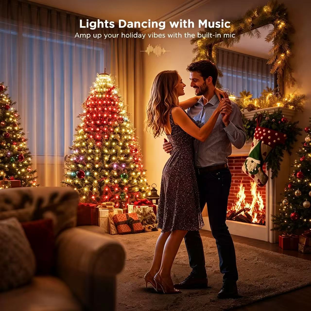 A couple dancing in front of a warm Christmas tree lit with music-synced dynamic LED lights.