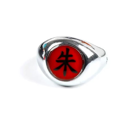 A detailed close-up of the red and black Akatsuki member ring included in the Naruto set.