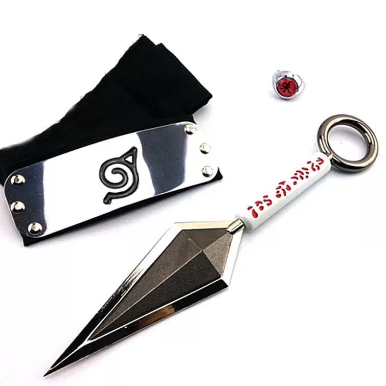 The full Naruto cosplay gear set, including the metal kunai, headband, and ring, laid out on a clean white background.