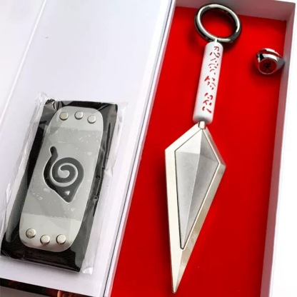A complete 3-piece Naruto ninja gift set featuring a metal kunai, headband, and Akatsuki ring inside a presentation box.