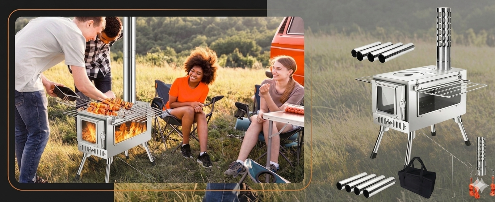 Friends enjoying a barbecue outdoors using the portable stainless steel camping wood stove.
