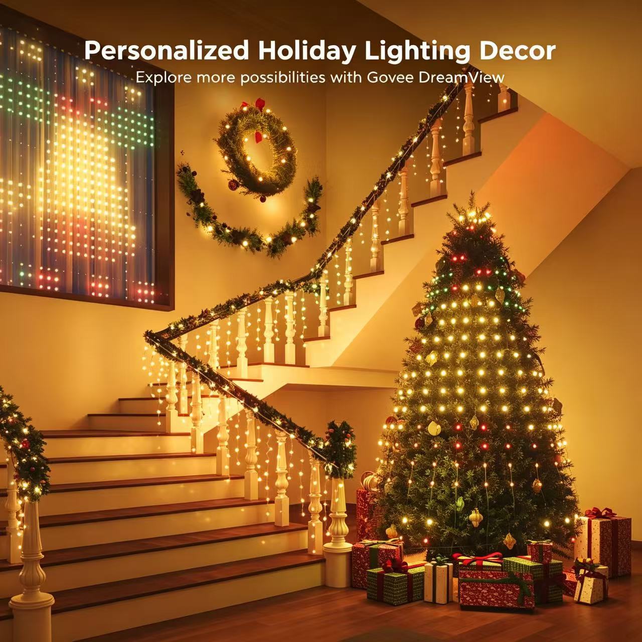 Warm personalized holiday lighting scene featuring a brightly lit Christmas tree and matching garland on a home staircase.