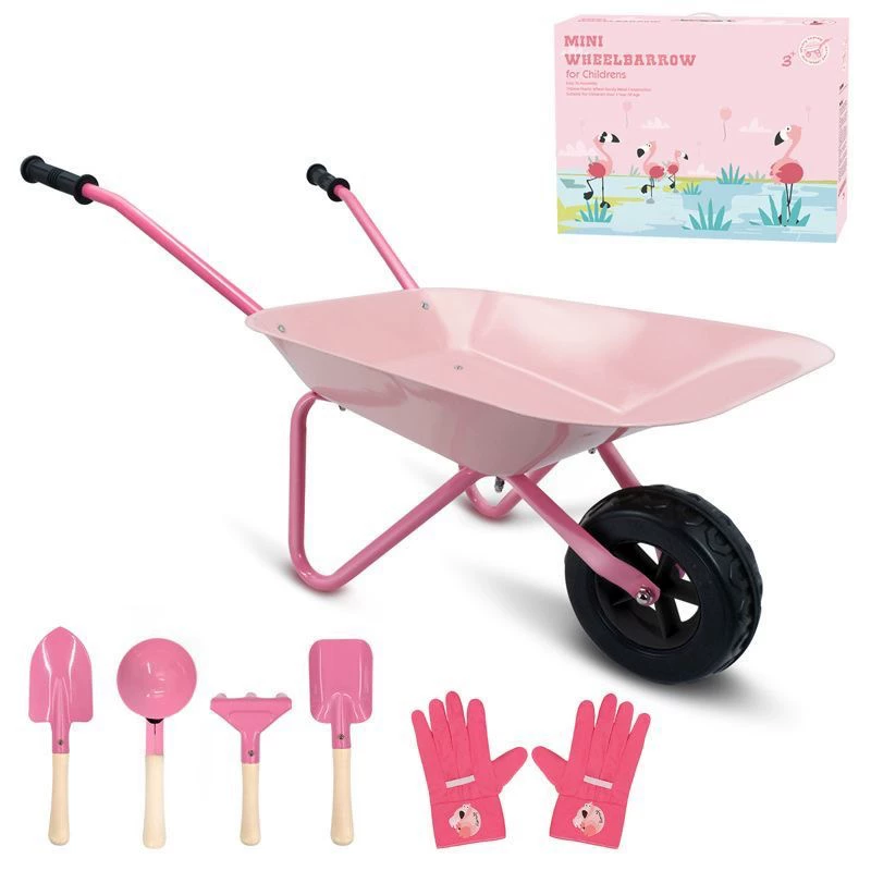 Pink flamingo kids wheelbarrow garden set with matching hand tools, gloves, and flamingo packaging box