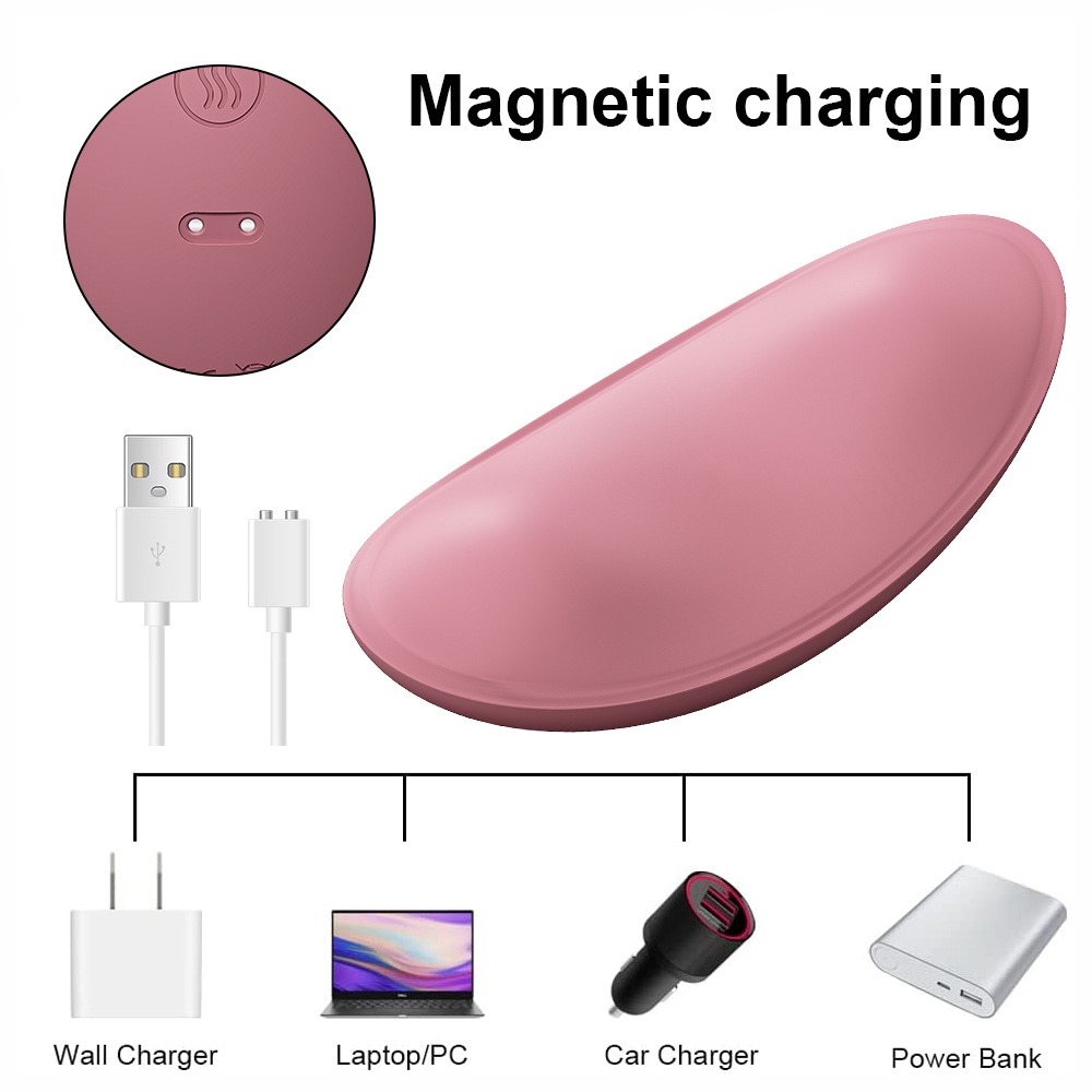Pink portable lactation massager with a magnetic USB charging cable showing compatibility with a wall charger, laptop, car charger, and power bank.