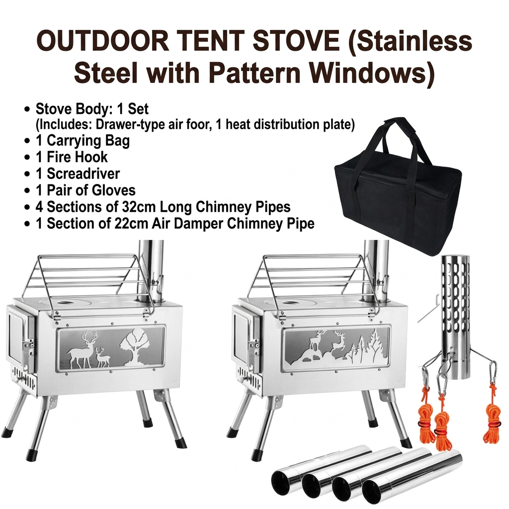 Professional tent stove kit with dual-side glass, decorative patterns, and spark arrestor.