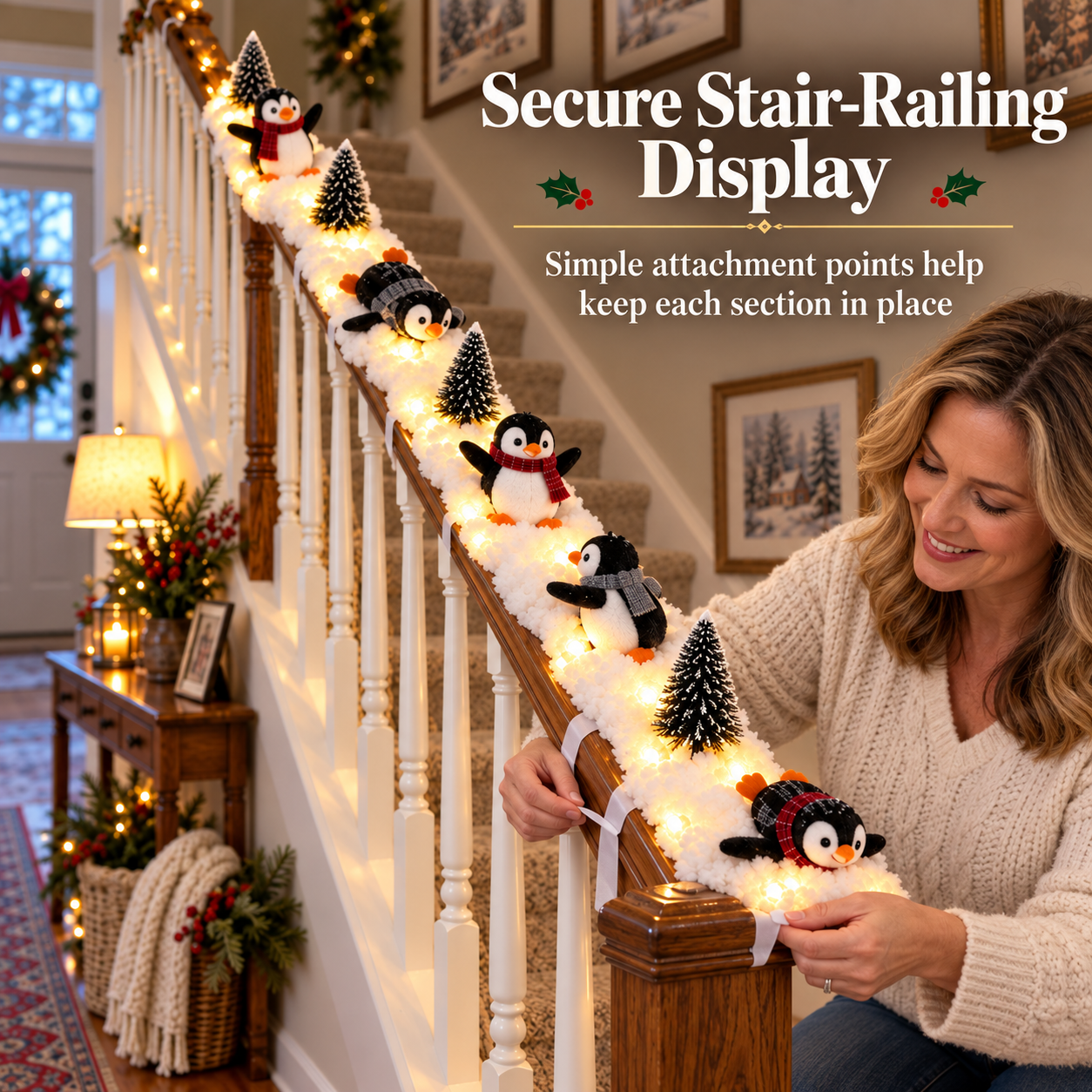 Woman installing Christmas penguin staircase decoration