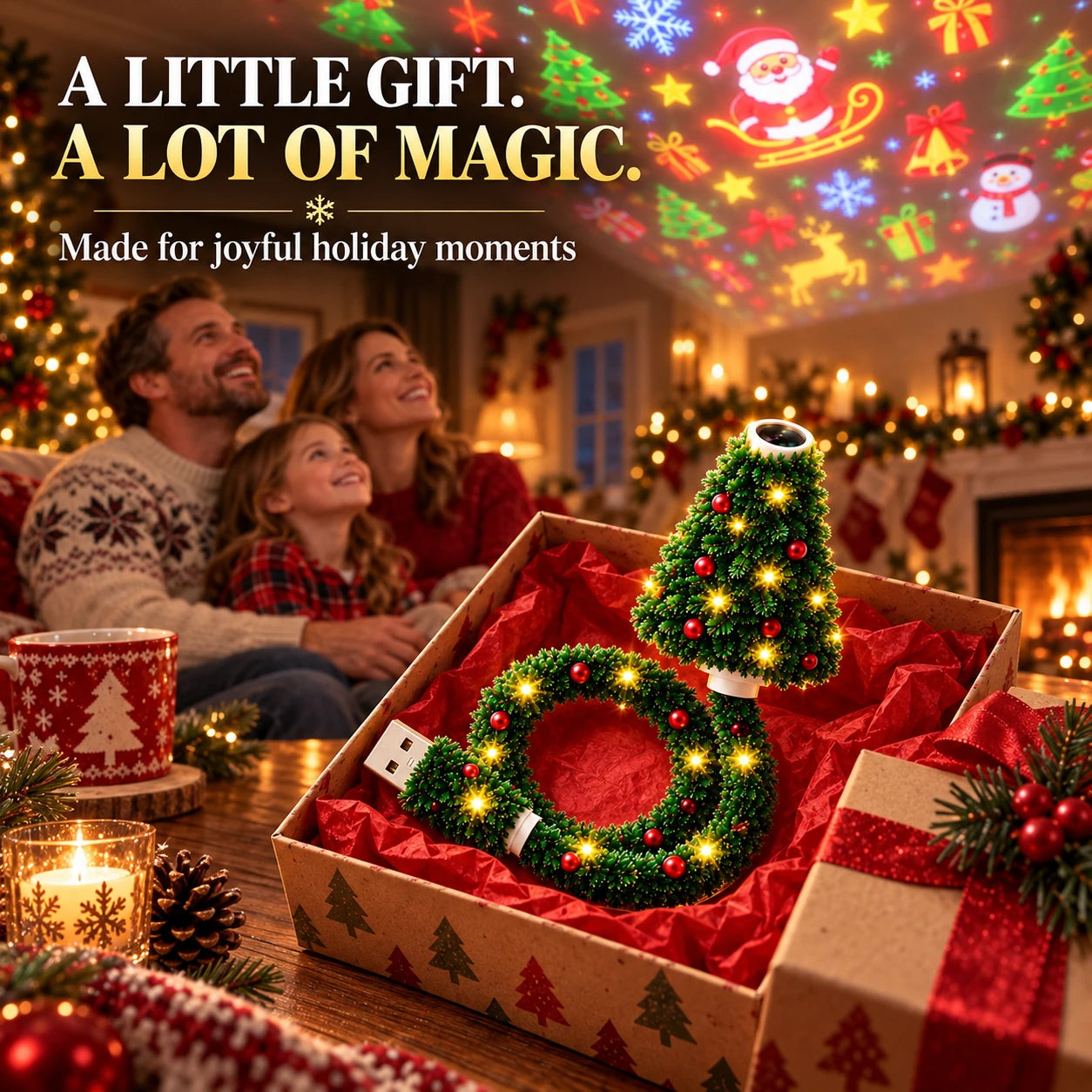 Christmas projection lamp presented as a festive holiday gift