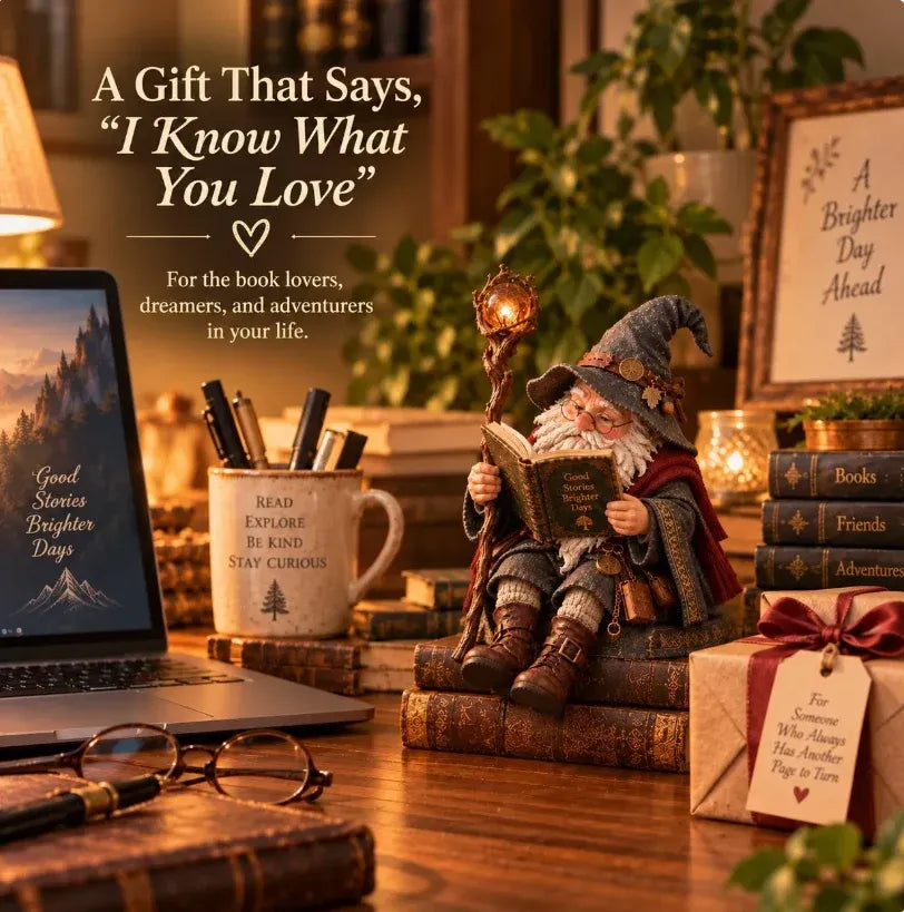 Reading wizard figurine styled beside books, a mug, and a wrapped gift