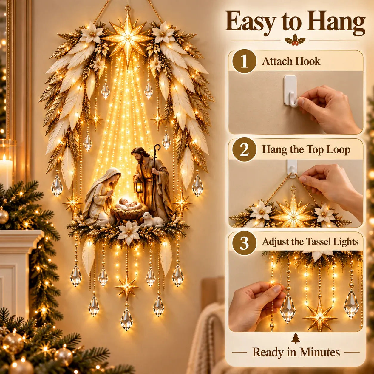 Hanging guide showing a wall hook, the top hanging loop and gently arranged trailing accents