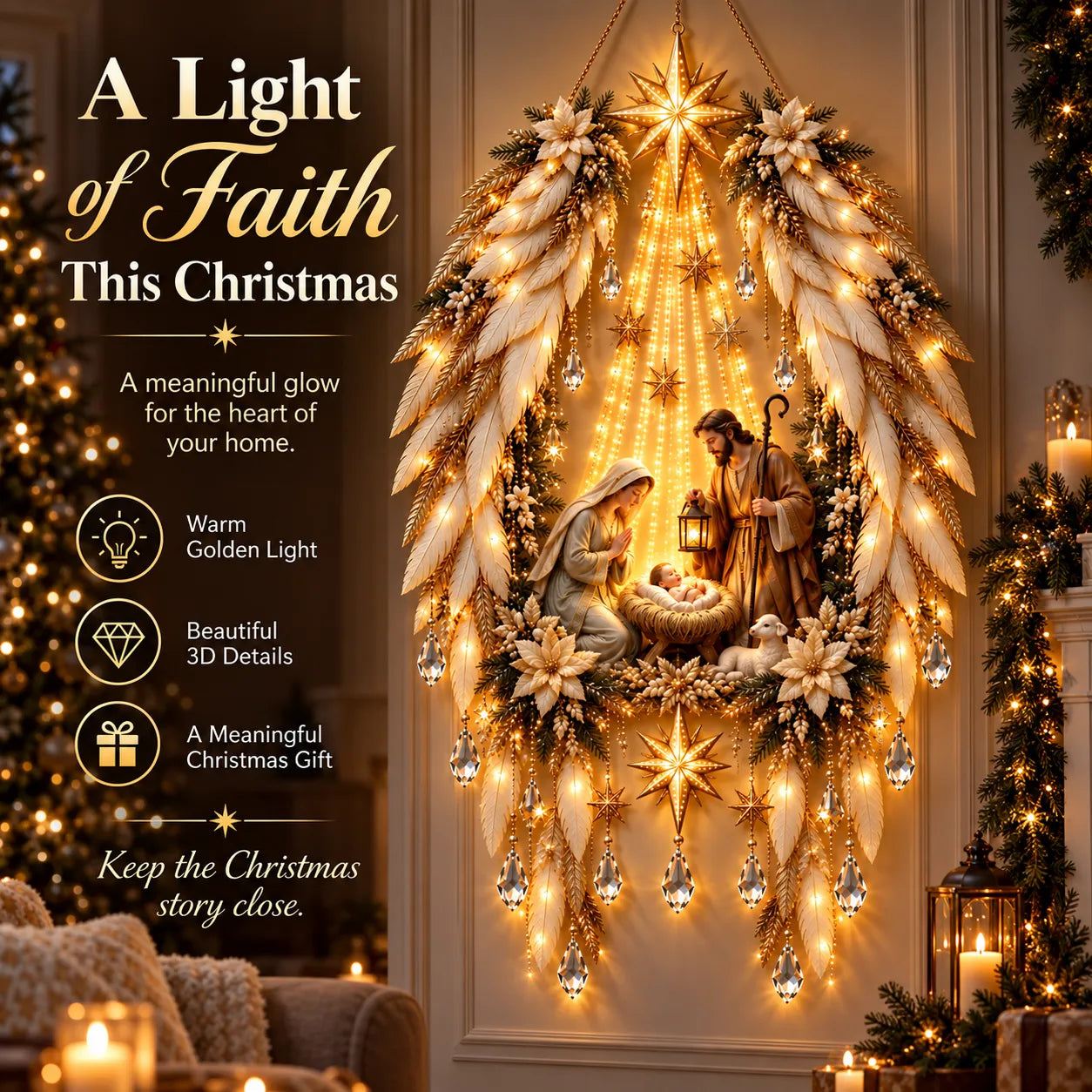A Light of Faith Christmas wall display with ivory and gold wings, warm lights and the Holy Family