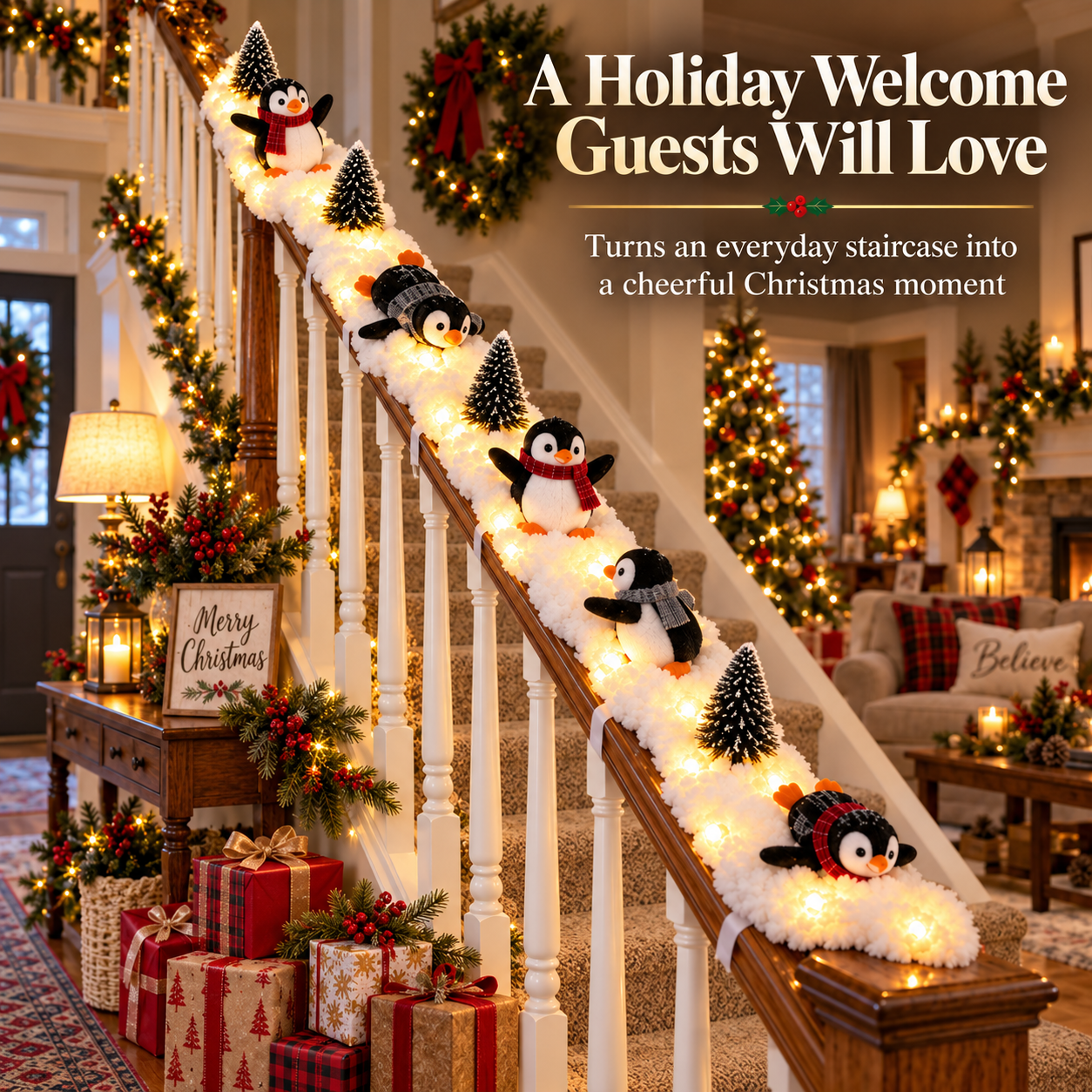 Decorated American Christmas staircase