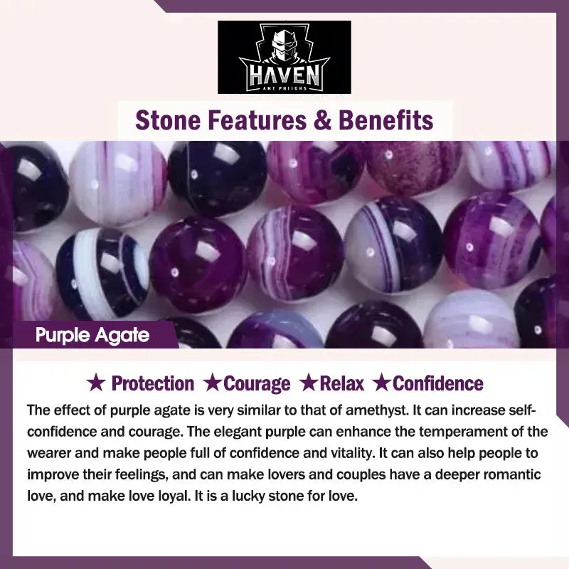 Round, polished Purple Agate beads with white banding, a stone for protection, courage, relaxation, and confidence.