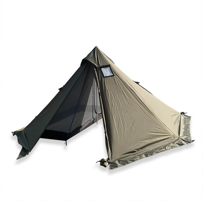 Front view of the pyramid tent, highlighting the integrated stove jack for use with a wood stove.