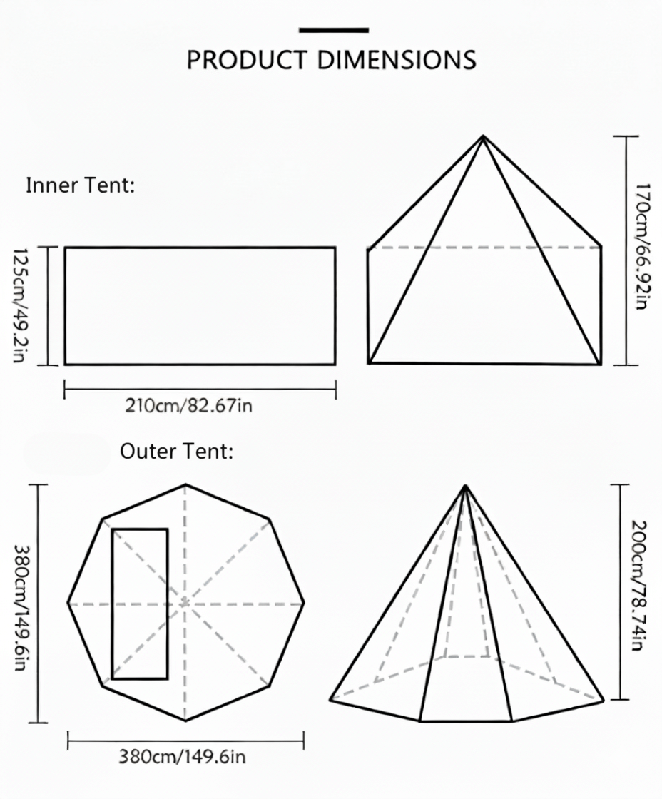 A diagram showing the dimensions of the inner and outer pyramid tent, including measurements in centimeters and inches.