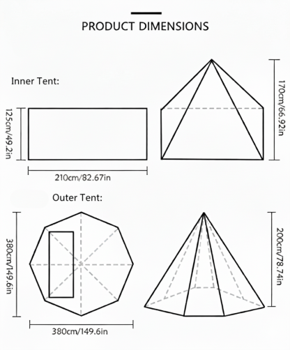 A diagram showing the dimensions of the inner and outer pyramid tent, including measurements in centimeters and inches.