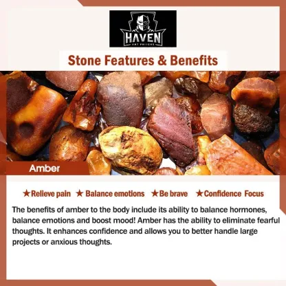 Collection of raw Amber stones, illustrating the benefits for emotional balance, pain relief, and confidence-boosting focus.