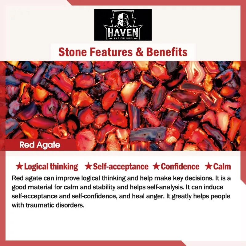 Detailed view of the red agate stone pieces, highlighting their color and texture, known for promoting confidence, calm, and logical thinking.
