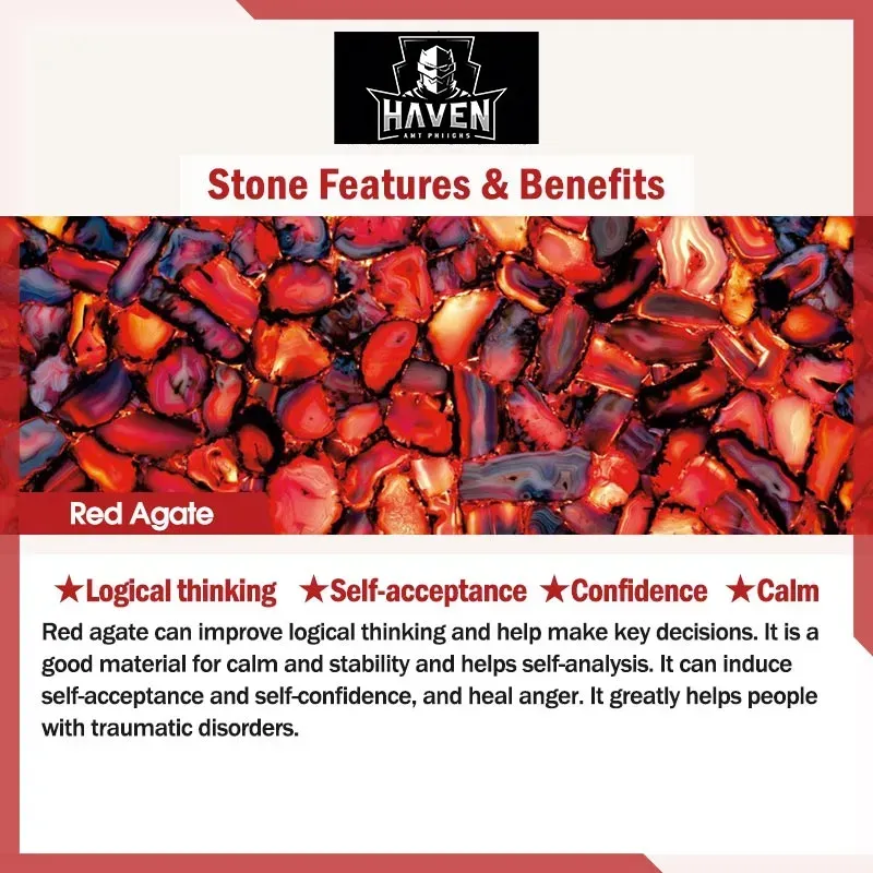Rough chips of Red Agate, illustrating the stone's benefits for logical thinking, self-acceptance, confidence, and calm.