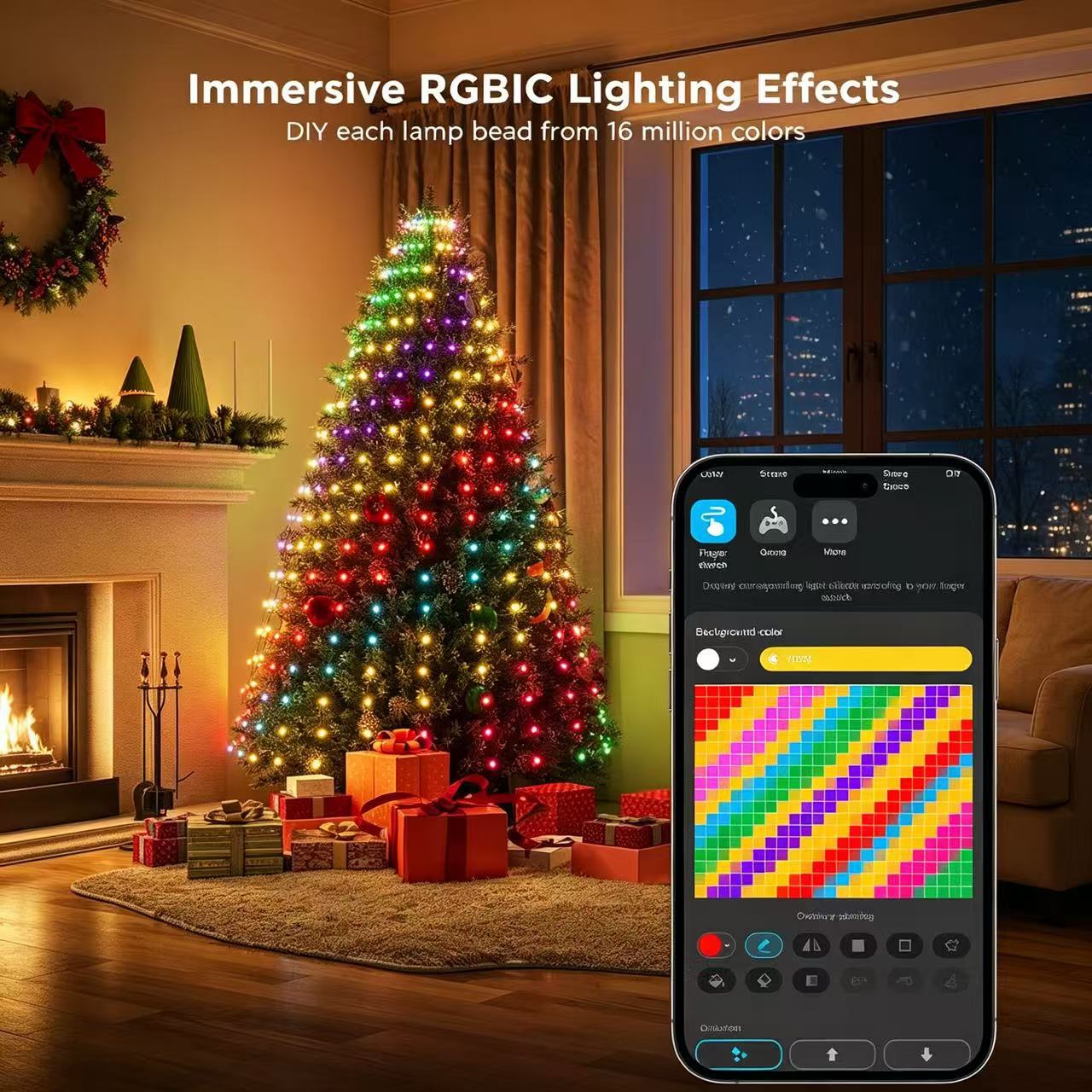 Smartphone app interface showing customizable 16 million RGBIC colors on a bright indoor Christmas tree.