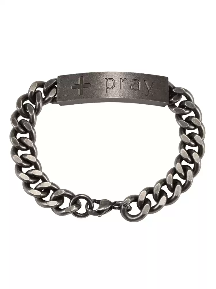 Front view of the SafeHaven Armor Motorcycle Heartbeat bracelet, showing the vintage silver curb chain, engraved pray metal bar, and lobster clasp closure.