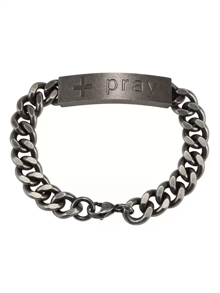 Front view of the SafeHaven Armor Motorcycle Heartbeat bracelet, showing the vintage silver curb chain, engraved pray metal bar, and lobster clasp closure.