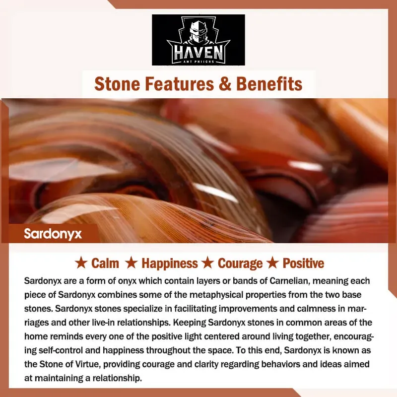 Polished brown and orange Sardonyx stones, a gem known as the Stone of Virtue, promoting calm, happiness, and courage.
