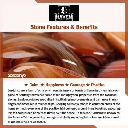 Polished brown and orange Sardonyx stones, a gem known as the Stone of Virtue, promoting calm, happiness, and courage.