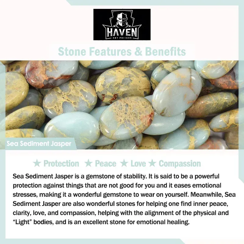 Close-up of polished Sea Sediment Jasper stones, a gemstone of stability for protection, peace, and emotional healing, often used in calming bracelets.