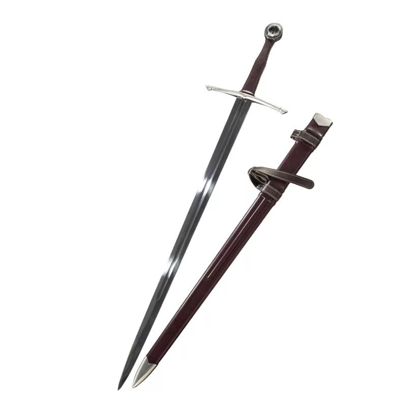 Professional studio shot of the sharp battle-ready medieval longsword and its matching scabbard.