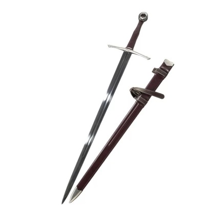 Professional studio shot of the sharp battle-ready medieval longsword and its matching scabbard.