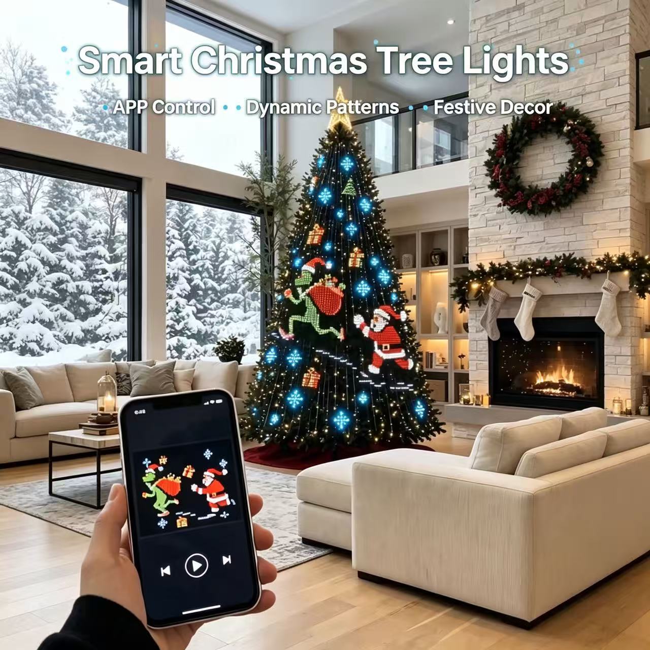 Smart Christmas tree LED lights with app control displaying animated Santa Claus and Grinch patterns on a tall indoor holiday tree