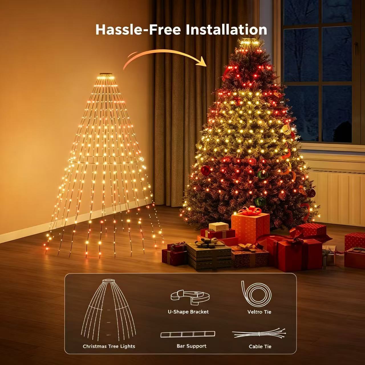 Hassle-free Christmas tree lighting set diagram showing frame support, U-bracket, Velcro ties, and cable ties.