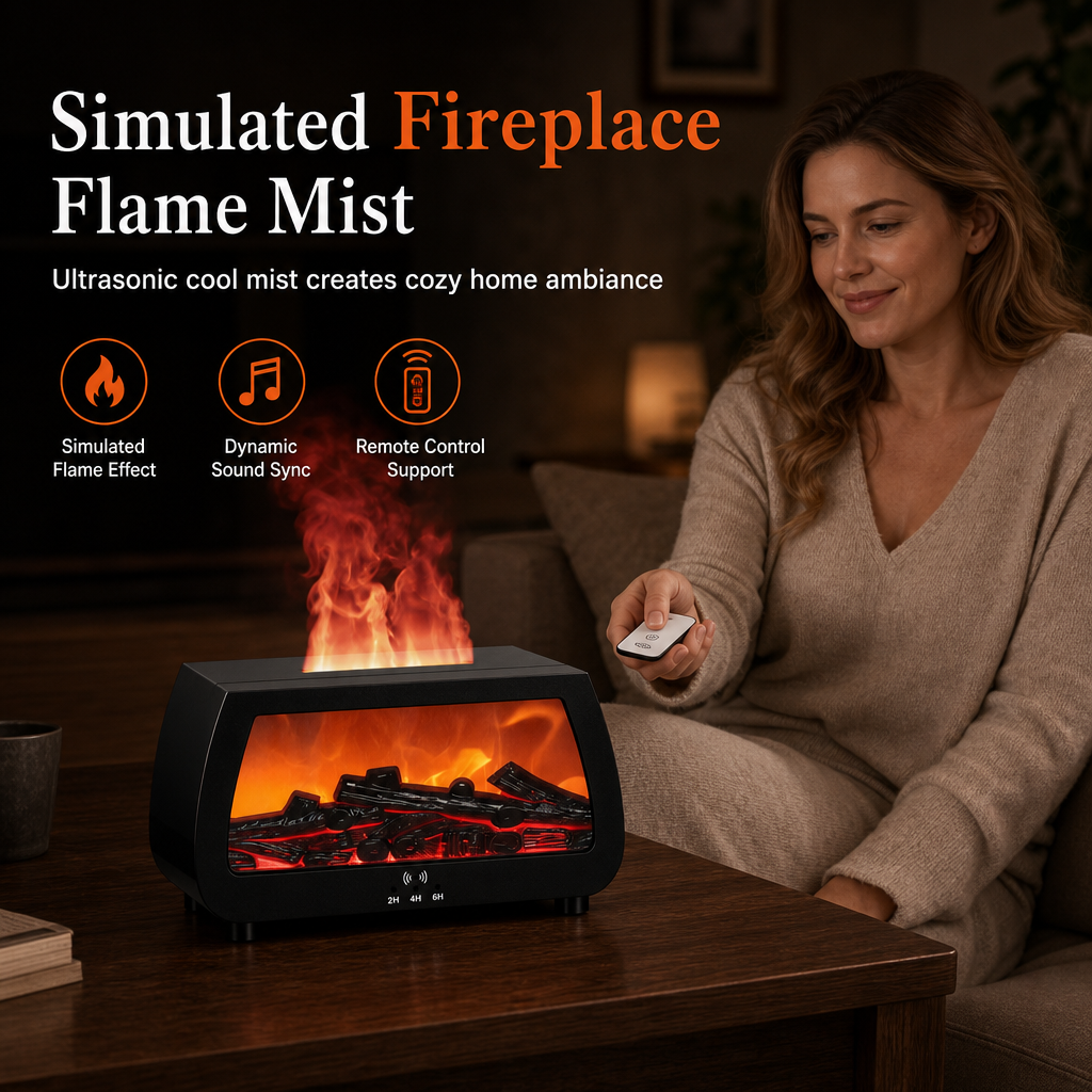 Simulated Fireplace Flame Mist Diffuser creating a cozy warm ambient light