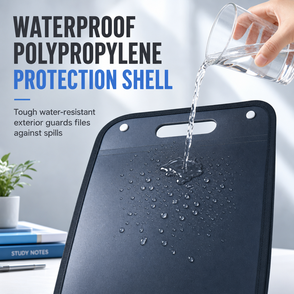 Waterproof polypropylene shell protecting documents from spills