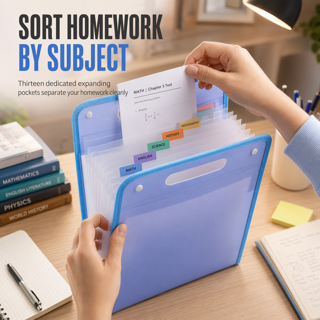 Color coded index tabs organizing school subjects
