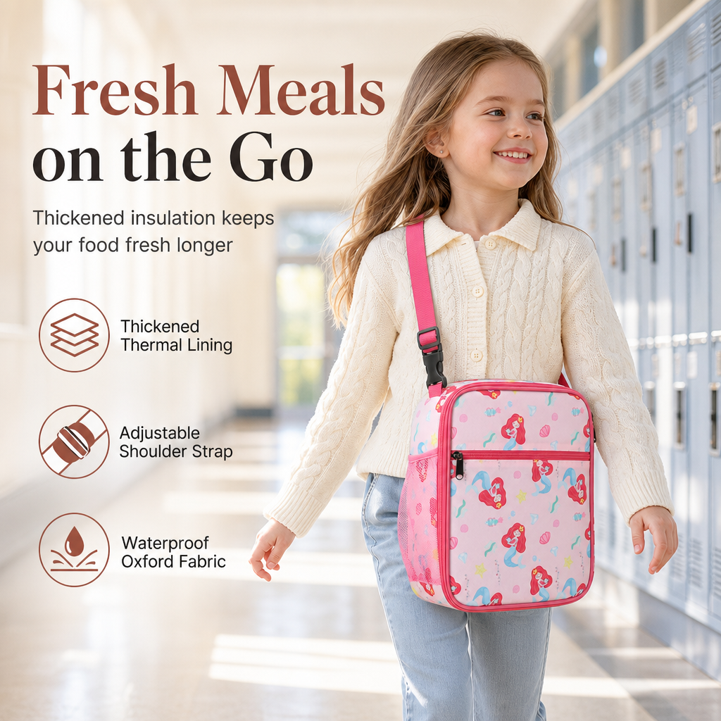 Kids cartoon insulated lunch bag with crossbody strap