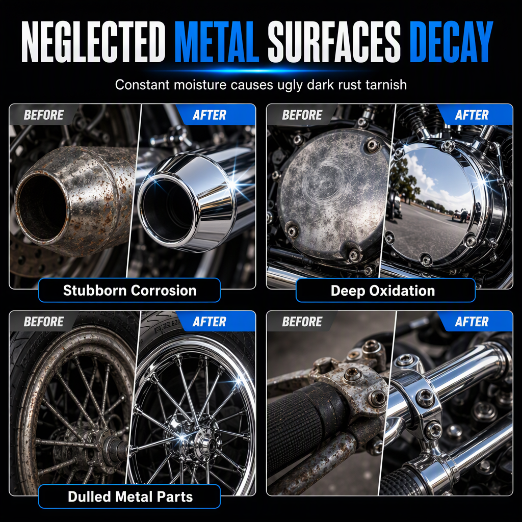 Metal surface oxidation restored to mirror shine using chrome paste