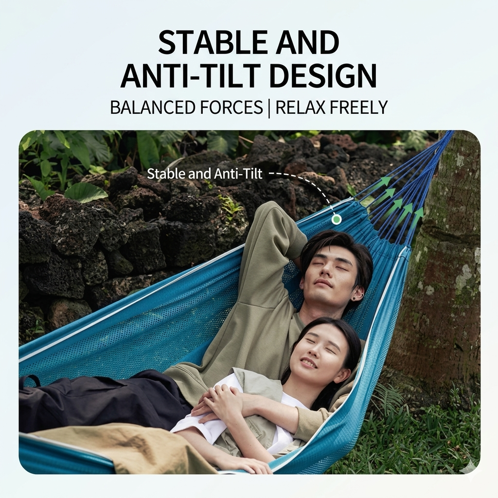 A couple relaxes comfortably in a stable, anti-tilt KingCamp single hammock outdoors, demonstrating the balanced forces and anti-tip design.