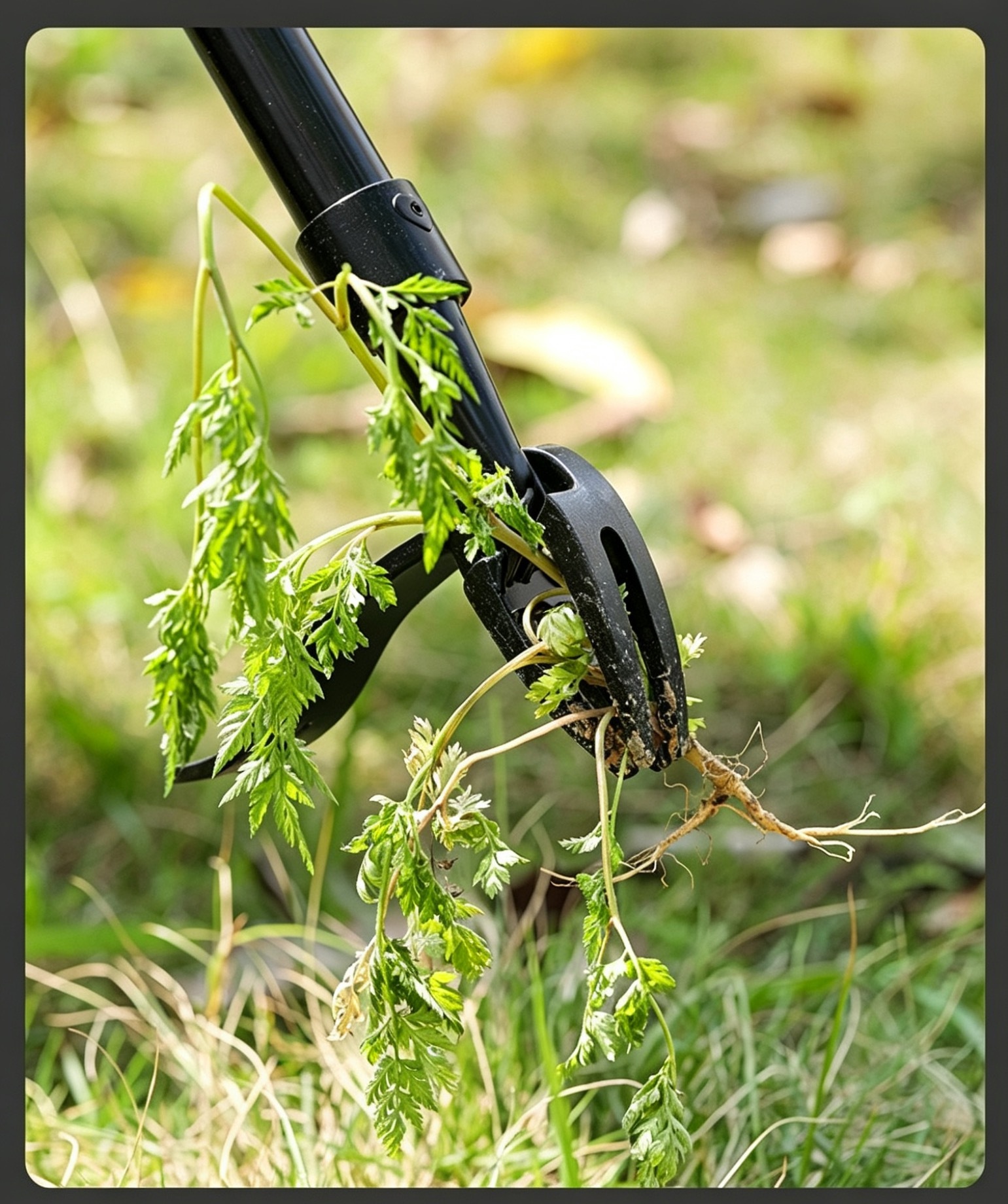 Close up of a stand up weed puller tool tightly gripping and extracting a weed complete with its roots from the garden soil.