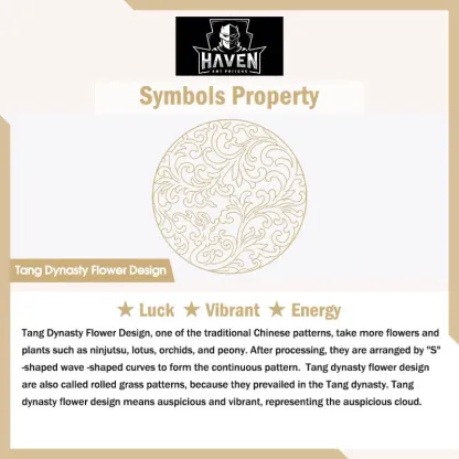 Close-up of the vintage Tang Dynasty flower design engraving on the copper bracelet, representing luck and vibrant energy.