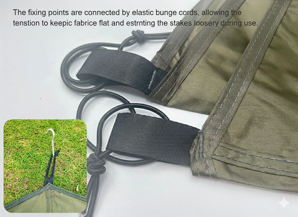 Close-up of the tarp's elastic bungee cord fixing points, designed to keep the fabric flat and prevent stakes from loosening during use. Inset shows a stake in grass.