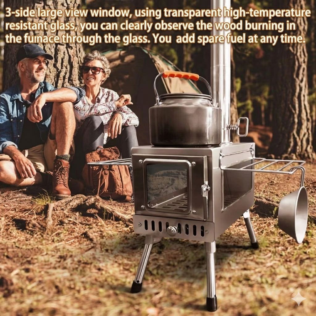 Comparison chart of different stainless steel tent stove models showing side glass and decorative features.