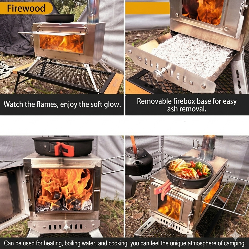 Wood burning stove for tents equipped with removable side racks for food warming and drying.